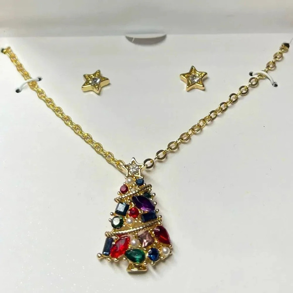 Christmas Tree Multicolor Crystal Tree Necklace & Star Stud Earrings Set NWT - Picture 3 of 5